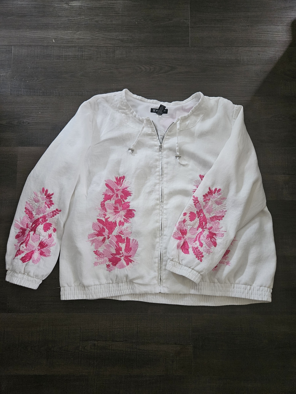 I-N-C International Concepts 3X White Linen Pink Floral Embroidered Full Zip Jac